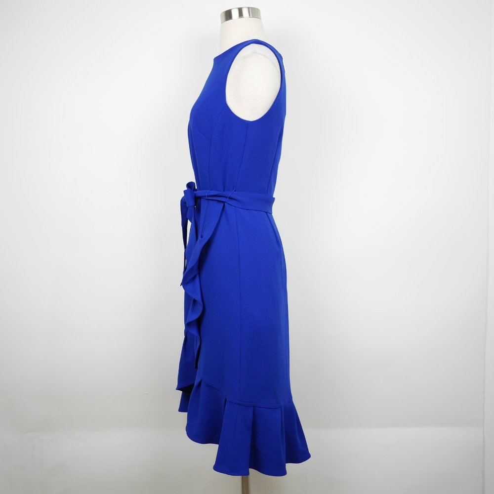 CALVIN KLEIN Women's 4 Cobalt blue sleeveless stretch dress ruffled hem knee lth - Picture 5 of 10